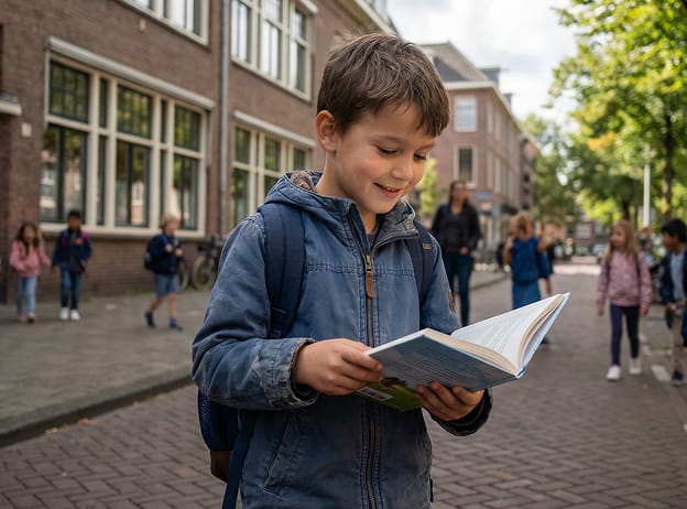 Leerling leest boek op schoolweg omringd door andere leerlingen bij Brainboost