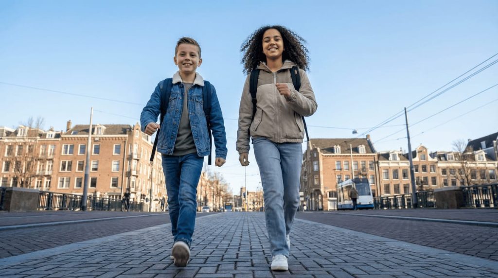 Twee leerlingen lopen met rugzakken door Amsterdam