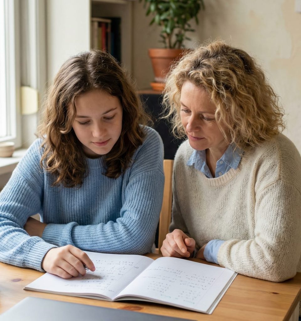 Docent helpt leerling met huiswerk aan houten tafel bij Brainboost