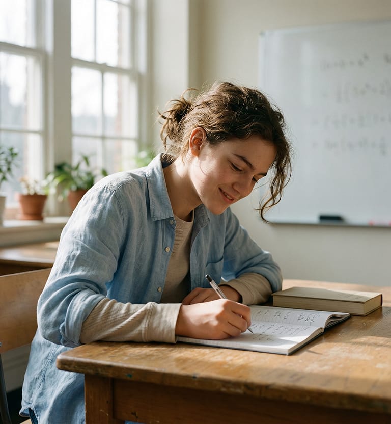 Leerling werkt aan wiskunde met leerboek tijdens huiswerkbegeleiding bij Brainboost