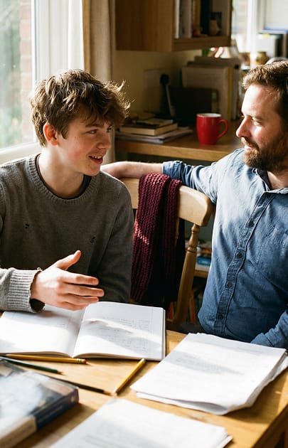 Twee leerlingen studeren samen bij huiswerkbegeleiding met boeken op tafel