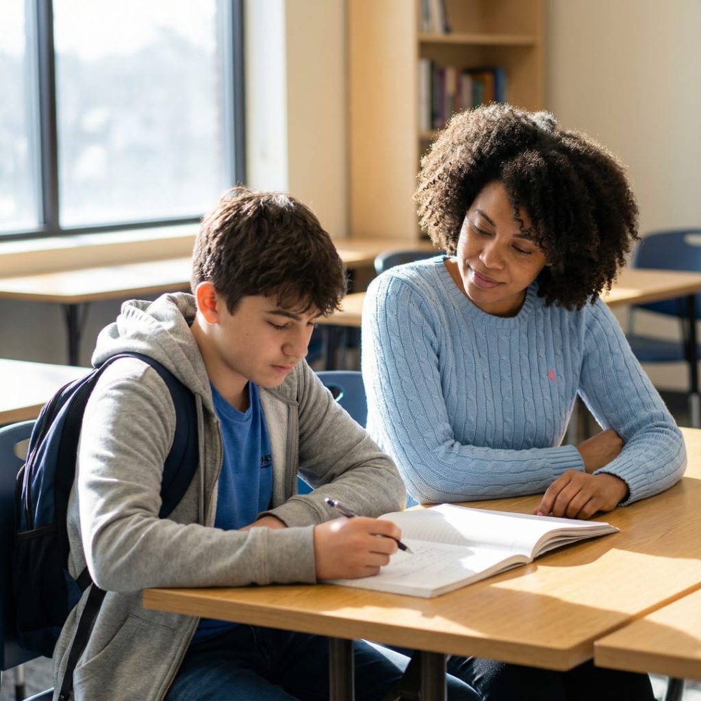 Twee leerlingen studeren samen bij huiswerkbegeleiding aan tafel bij Brainboost