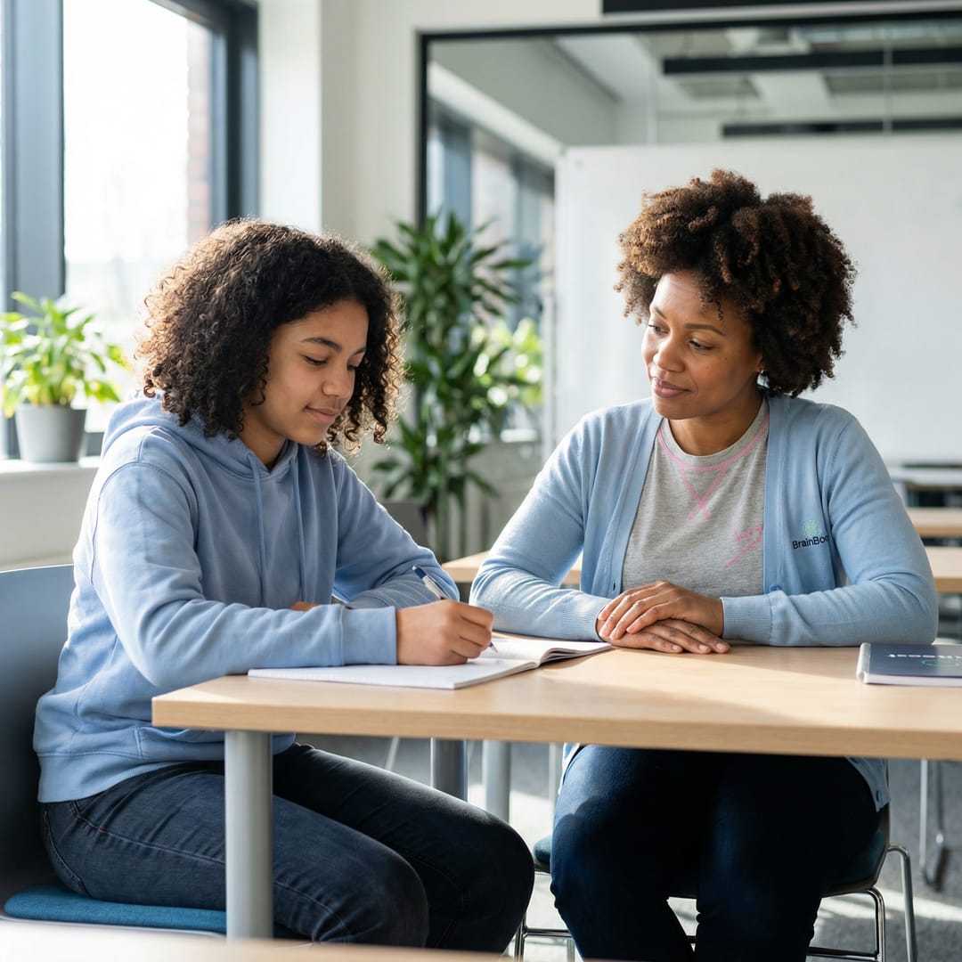 Twee leerlingen werken samen aan huiswerkbegeleiding bij Brainboost