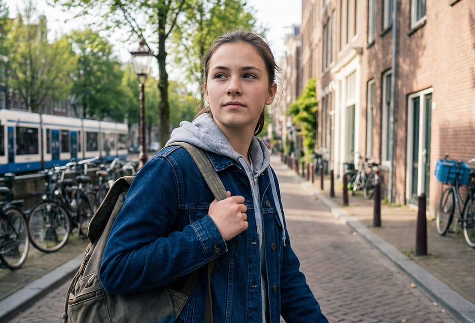 Leerling loopt met rugzak door straat met fietsen en tram in Amsterdam