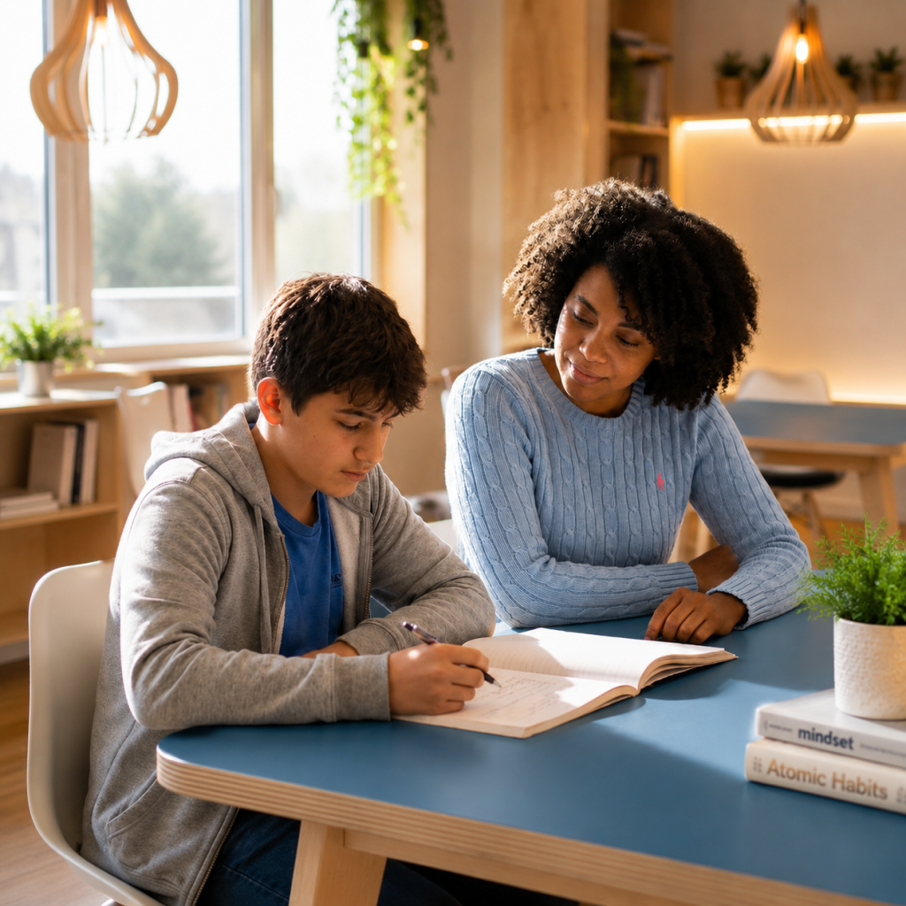 Docent en leerling studeren samen bij huiswerkbegeleiding aan tafel bij Brainboost