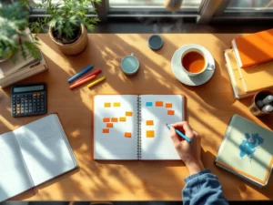 Tutor wijst naar kleurrijke studienotities op houten bureau met leerboeken, rekenmachine en thee in warm zonlicht