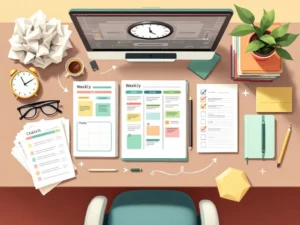 Georganiseerd studentenbureau met kleurgecodeerde weekplanner, studieboeken en checklist in warme tinten