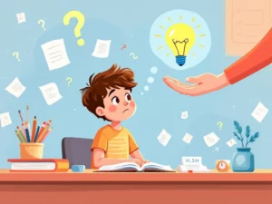 Kind aan bureau met huiswerk en vraagtekens krijgt hulp aangeboden via gloeilamp symbool