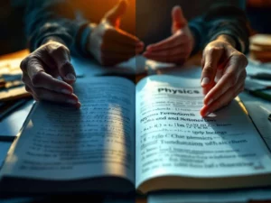 Trillende handen grijpen natuurkundeboek met formules, tutor helpt op achtergrond, overgang van angst naar vertrouwen