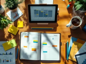 Bovenaanzicht van georganiseerd bureau met planner, tablet met Gantt-diagram, notities en koffie in natuurlijk licht.