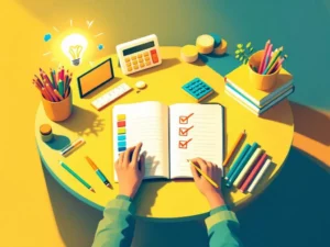 Georganiseerd studiebureau van bovenaf met notitieboek, pennen, gloeilamp en schoolbenodigdheden in vrolijke kleuren


---

**Token Usage Summary:**
- Input tokens: 316
- Output tokens: 32
- Total tokens: 348
- Token budget remaining: 199,652