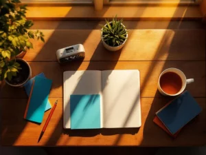 Studeerplek met open notitieboek, thee en wekker op houten bureau in warm middaglicht om 16:00 uur