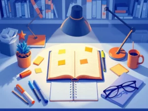 Georganiseerd bureau met open notitieboek, markeerstiften, planner en bureaulamp in blauw-oranje tinten