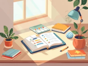 Kinderburo met open notitieboek, planner met vinkjes en studiemateriaal georganiseerd van chaos naar structuur