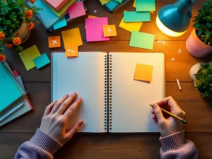 Open notitieboek met kleurrijke post-its en planningselementen, hand reikt ondersteunend naar studiemateriaal in warm lamplicht