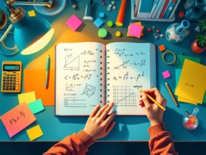 Wiskundetafelblad met open leerboek, rekenmachine, kleurrijke notities en hand die naar vergelijking wijst