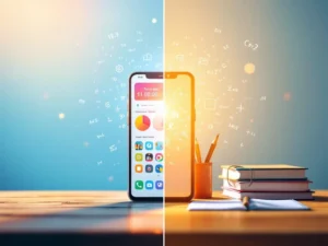 Smartphone met educatieve app naast traditionele studieboeken op houten bureau, digitaal versus analoog leren