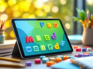 Tablet met dyslexievriendelijke leer-apps op houten bureau, omringd door letterblokken en schoolspullen