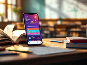 Smartphone met educatieve app op houten bureau naast traditionele studiematerialen in klaslokaal