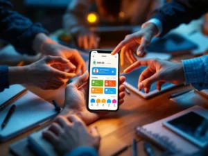 Smartphone met educatieve app-interface omringd door meerdere handen en studiemateriaal op houten bureau