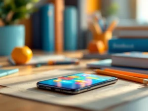 Smartphone met kleurrijke educatieve app op houten bureau omringd door schoolbenodigdheden en studiemateriaal
