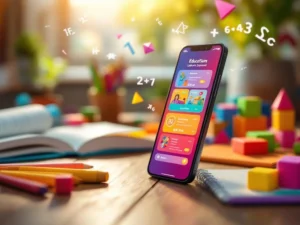 Smartphone met kleurrijke educatieve app op houten bureau omringd door studiemateriaal en leerblokken
