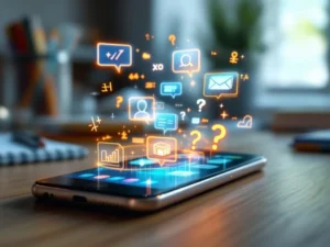 Smartphone toont educatieve app met chatfuncties en holografische wiskundige elementen op houten bureau