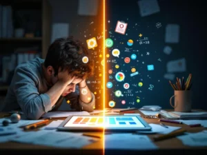 Split-screen vergelijking: worstelde student met papieren links, heldere tablet met educatieve app rechts