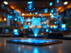 Futuristische digitale klaslokaal met zwevende holografische leerinterfaces en tablets met educatieve apps in blauw-groen