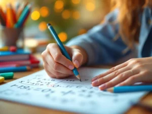 Kind schrijft zelfverzekerd in schrift op houten bureau met kleurrijke potloden en studiemateriaal in warme verlichting