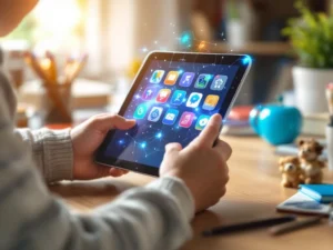 Kind houdt tablet met educatieve apps vast, omgeven door digitaal schild van blauw licht op houten bureau met boeken