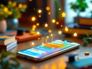 Smartphone toont kleurrijke educatieve app met micro-lessen en voortgangsindicatoren op houten bureau met studiemateriaal