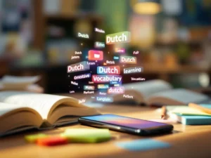 Smartphone toont Nederlandse taalapp met 3D hologramwoorden boven scherm, omringd door traditionele studieboeken