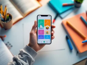 Handen houden smartphone met kleurrijke educatieve app tussen studieboeken, markeerstiften en notitieblokken op bureau