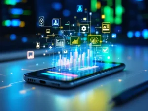 Smartphone met educatieve app-interface toont kleurrijke voortgangsbalken en holografische iconen op wit bureau