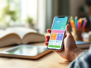 Handen houden smartphone met kleurrijke educatieve app met wiskundevergelijkingen op houten bureau met schoolboeken