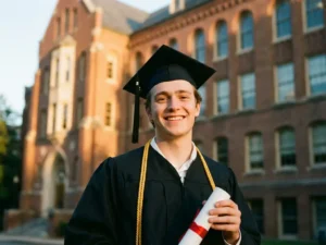 Nederlandse student in toga en baret houdt diploma vast voor bakstenen schoolgebouw tijdens afstuderen