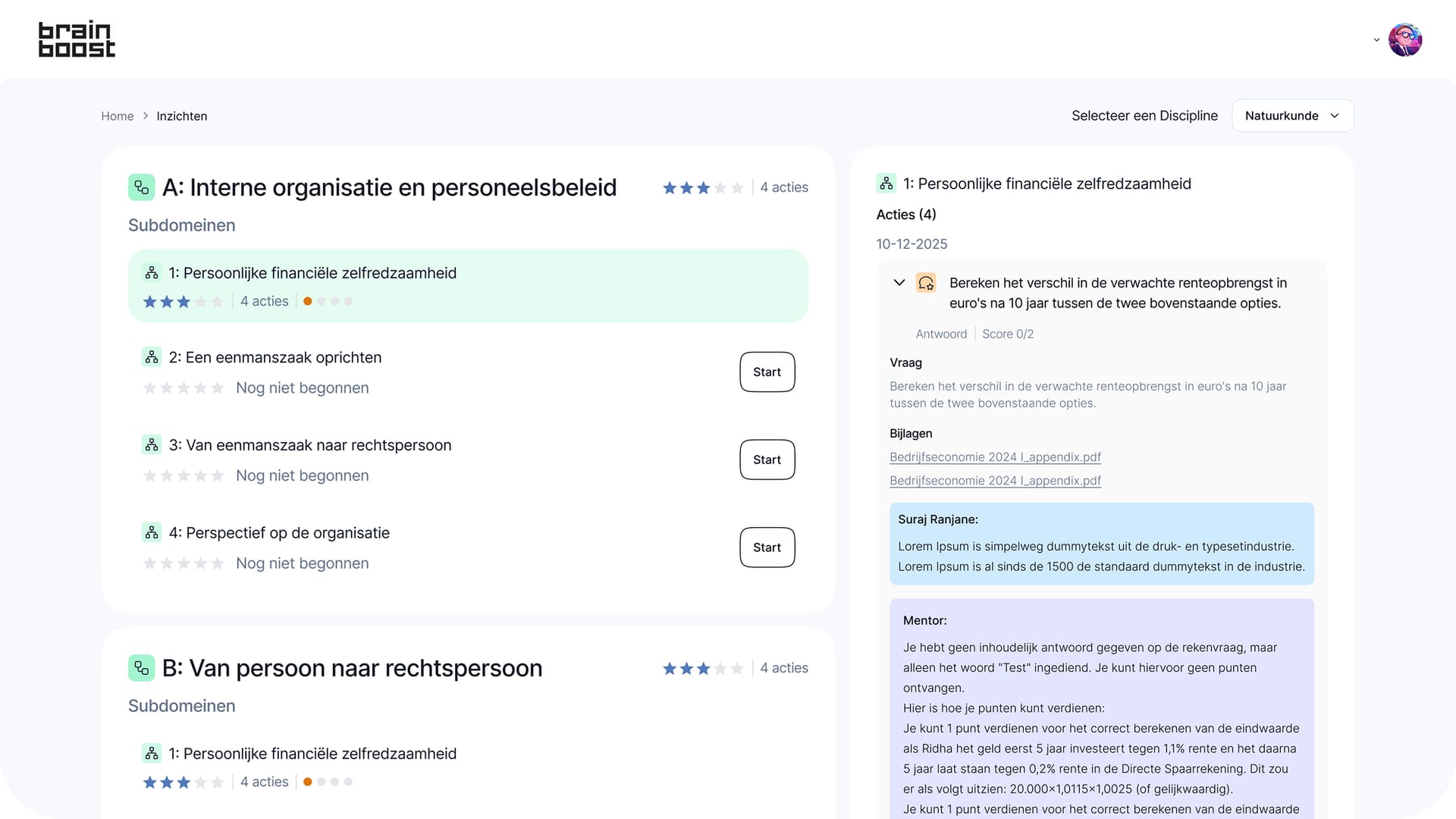 BrainBoost app — stap 1: leeroverzicht met domeinen en Mentor