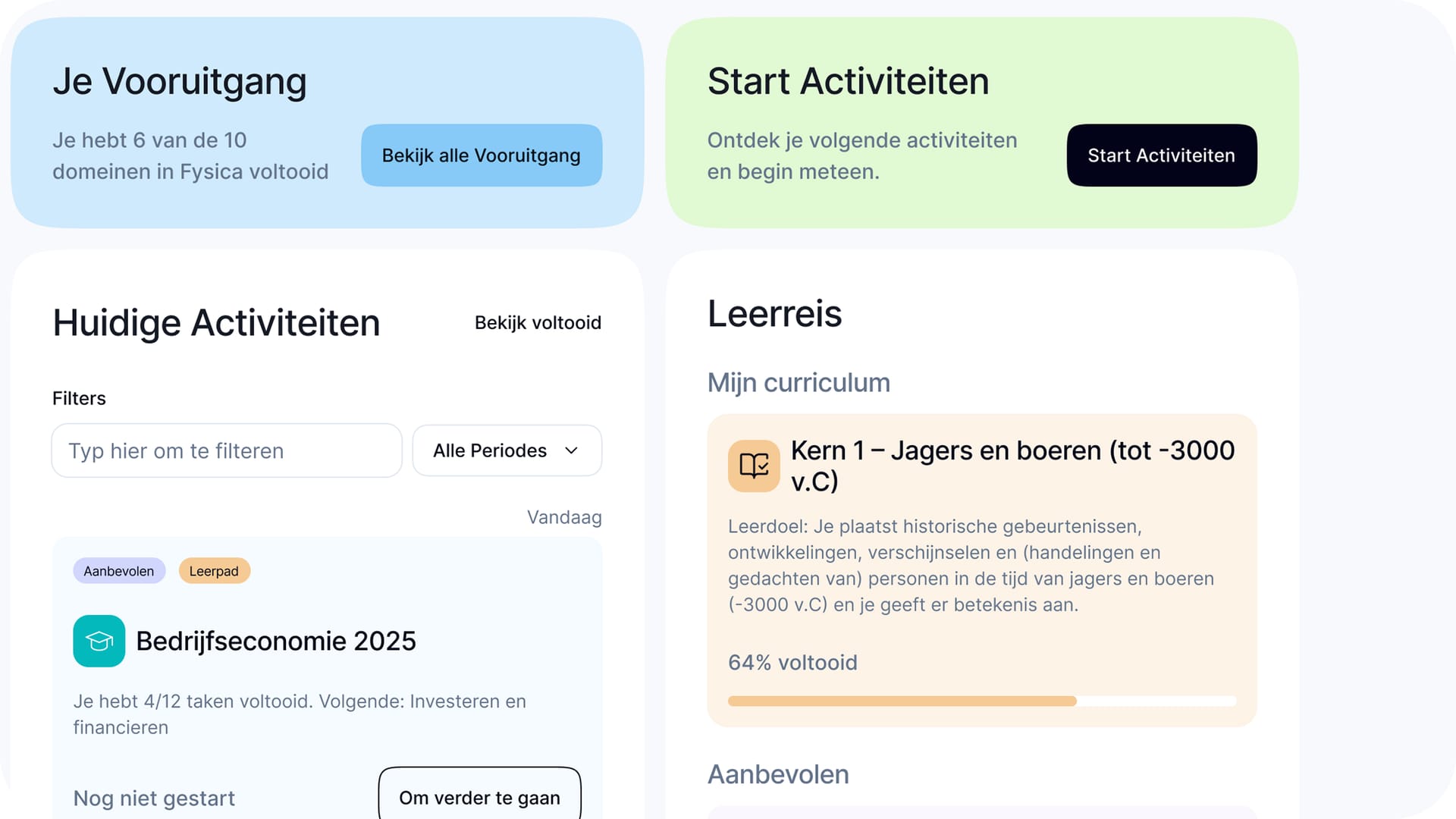 BrainBoost app — stap 3: dashboard met vooruitgang en activiteiten