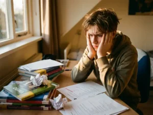 Gestresste VMBO-leerling met hoofd in handen kijkt naar rood gecorrigeerd tentamen tussen schoolboeken op bureau