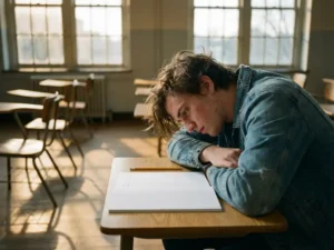 Verslagen student zit alleen aan schoolbank met blanco examen, potlood opzij, zonlicht door ramen werpt schaduwen