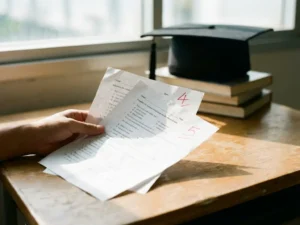 Student houdt twee examens met cijfers 4 en 5 vast op houten bureau, afstudeerpet op achtergrond
