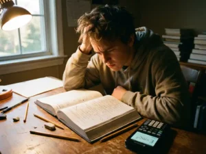 Gestresste tiener student buigt over natuurkundeboek aan houten bureau met wiskundige vergelijkingen en rekenmachine