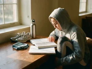 Jonge student in sportkleding studeert aan houten bureau met schoolboeken, hardloopschoenen en waterfles in zonlicht