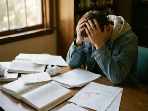 Uitgeputte student met hoofd in handen aan bureau vol examenpapieren en studieboeken bij raam