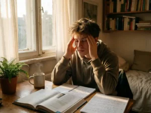 Jonge student met hoofdpijn zittend aan bureau met opengeslagen boek, theekopje en plant in zachte natuurlijke verlichting