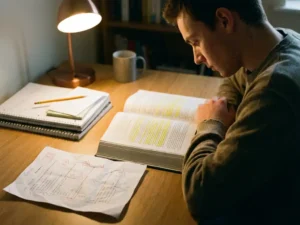 Universiteitsstudent bestudeert opengeslagen studieboek met markeringen aan houten bureau onder bureaulamp