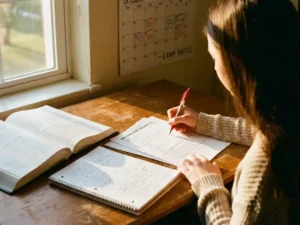 Student zit aan houten bureau met opengeslagen studieboeken en corrigeert toets met rode pen, zonlicht door raam
