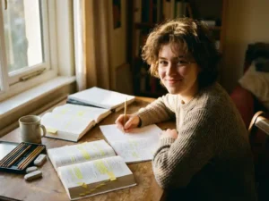 Student studeert gefocust aan houten bureau met open studieboek, notities en potloden in warm zonlicht