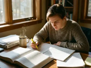 Student concentreert zich op studie aan houten bureau met opengeslagen boek, aantekeningen en koffie in gouden zonlicht
